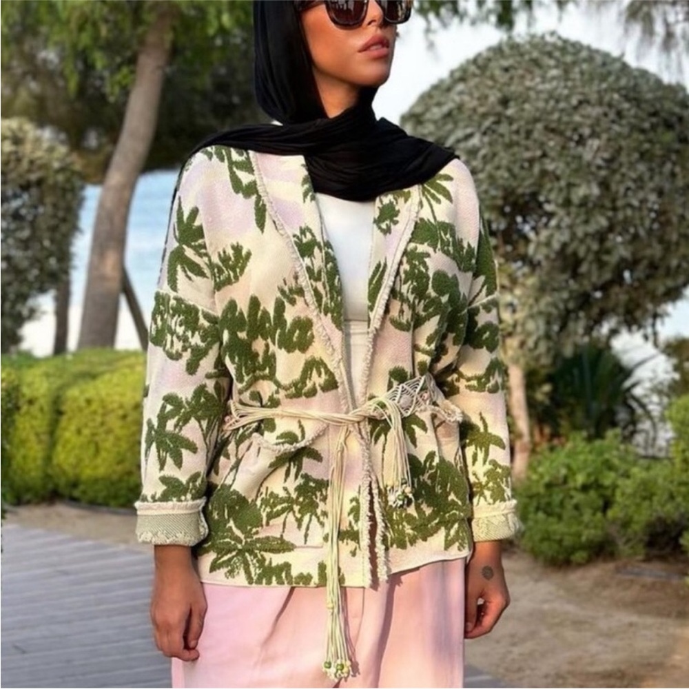 Maje Aloha Belted Cardigan Size 2 Medium Palm Tree Motifs - Picture 3 of 13